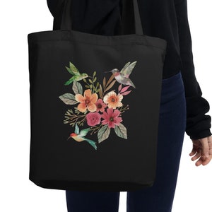 Floral Hummingbird Organic Tote Bag Eco-friendly Nature Lover Gift Wrap Reusable Gift Bag for Mother&#39;s Day Gift/ Birthday Gift for Mom