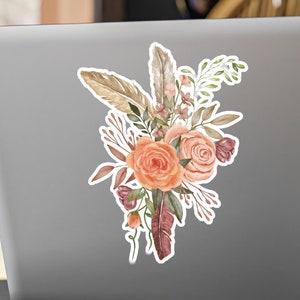 Bloemen verenboeket vinylstickers, koraalroze kastanjebruin bloemstickers, leuke planneraccessoires, laptopsticker, plakboek Bullet Journal