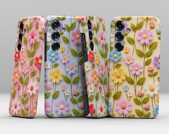 Floral phone case in felt look with colorful flowers on a cream background – shockproof dual-layer protective case with floral design