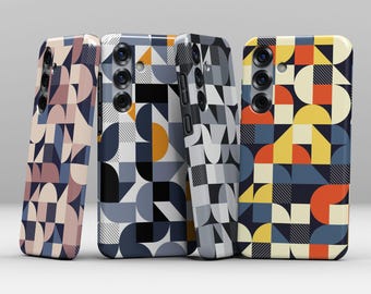 Geometric retro phone case in mid century design with abstract pattern in gray blue white orange as shockproof dual layer case