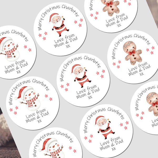 Pegatinas navideñas personalizadas para etiquetas de regalo, etiquetas con nombre, envoltura de regalos, Papá Noel y amigos