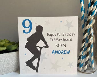 Tarjeta de cumpleaños personalizada grande de 200 mm para niño, scooter, sobrino, nieto, hijo, edad 8, 9, 10, 11, cualquier edad