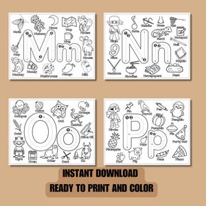 May include: Black and white printable alphabet tracing worksheets for kids. Each letter is surrounded by images of objects that start with that letter. The letters are M, N, O, and P. The text "INSTANT DOWNLOAD READY TO PRINT AND COLOR" is at the bottom of the page.