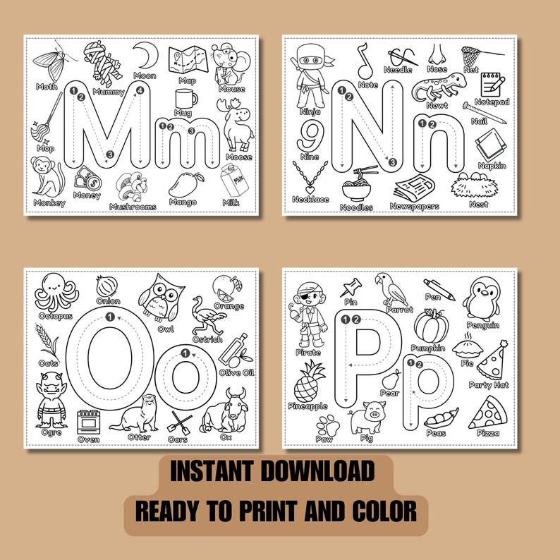 May include: Black and white printable alphabet tracing worksheets for kids. Each letter is surrounded by images of objects that start with that letter. The letters are M, N, O, and P. The text "INSTANT DOWNLOAD READY TO PRINT AND COLOR" is at the bottom of the page.