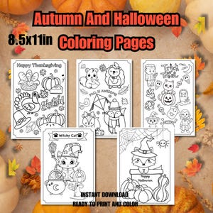 May include: Five black and white coloring pages featuring autumn and Halloween themes. The pages include images of a turkey, pumpkins, a witch's cat, a fox, a squirrel, a hedgehog, a ghost, a vampire, and a jack-o-lantern. The text "Happy Thanksgiving", "Witchy Cat", "Fall is Awesome", "Trick or Treat", and "Happy Halloween" is included on the pages.