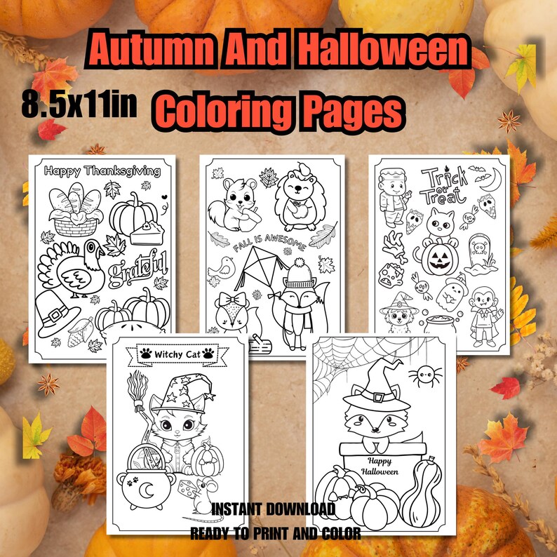 May include: Five black and white coloring pages featuring autumn and Halloween themes. The pages include images of a turkey, pumpkins, a witch's cat, a fox, a squirrel, a hedgehog, a ghost, a vampire, and a jack-o-lantern. The text "Happy Thanksgiving", "Witchy Cat", "Fall is Awesome", "Trick or Treat", and "Happy Halloween" is included on the pages.