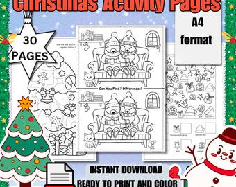May include: Christmas Activity Pages in A4 format, ready to print and color. The image shows 30 pages of coloring activities, including a Christmas tree, a snowman, and a "Can You Find 7 Differences?" game. The PDF is available for instant download.