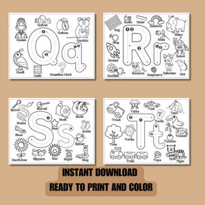 May include: Black and white printable alphabet tracing worksheets for kids. Each letter is surrounded by pictures of objects that start with that letter. The letters are Q, R, S, and T.