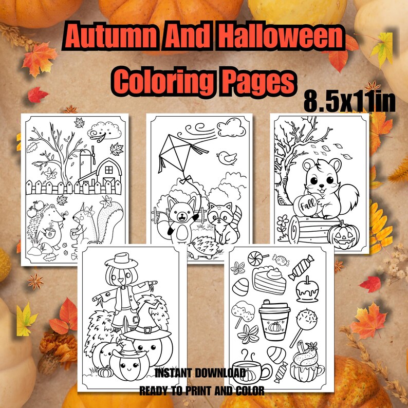 May include: Five black and white coloring pages featuring autumn and Halloween themes. The pages include a farm scene, a kite flying in the wind, a squirrel holding a "Fall" sign, a scarecrow with pumpkins, and a collection of autumn and Halloween themed items like candy, a pumpkin spice latte, and a pumpkin pie.