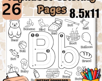 May include: Black and white printable coloring page featuring the letter B and various objects starting with the letter B, such as a bear, a bat, a ball, a banana, a bird, a bed, a boat, a balloon, a baby, a bottle, a bone, bread, and a butterfly. The page includes numbers 1, 2, and 3 to guide the user in tracing the letter B. The text "INSTANT DOWNLOAD READY TO PRINT AND COLOR" is at the bottom of the page.
