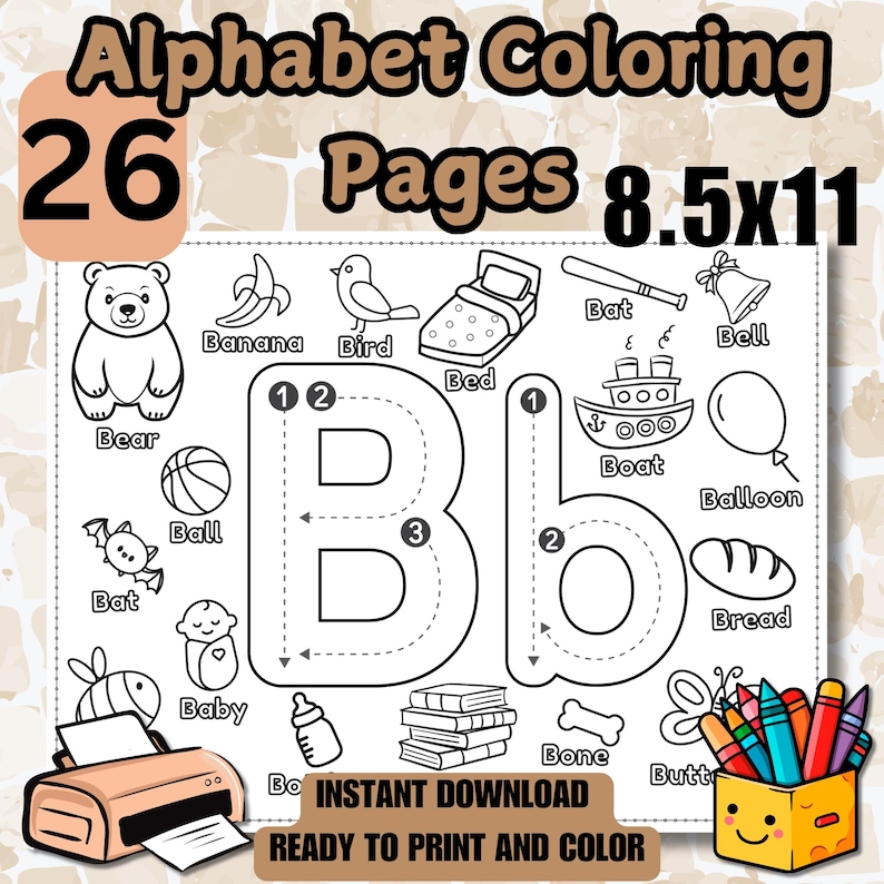 May include: Black and white printable coloring page featuring the letter B and various objects starting with the letter B, such as a bear, a bat, a ball, a banana, a bird, a bed, a boat, a balloon, a baby, a bottle, a bone, bread, and a butterfly. The page includes numbers 1, 2, and 3 to guide the user in tracing the letter B. The text "INSTANT DOWNLOAD READY TO PRINT AND COLOR" is at the bottom of the page.