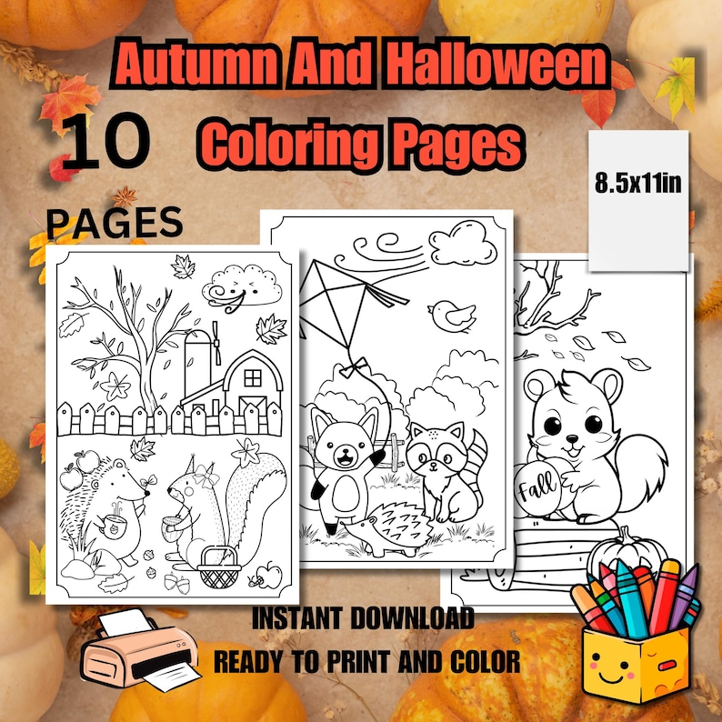 May include: A set of 10 printable coloring pages featuring autumn and Halloween themes. The pages include illustrations of animals, trees, and other fall-themed imagery. The text "Autumn And Halloween 10 Coloring Pages" is at the top of the image. The text "8.5x11in" is in the top right corner of the image.