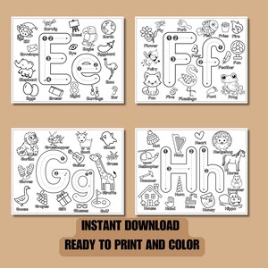 May include: Black and white printable alphabet tracing worksheets for kids. Each letter of the alphabet is shown with a dotted line for tracing and a list of words that start with that letter.  The words are illustrated with simple drawings.