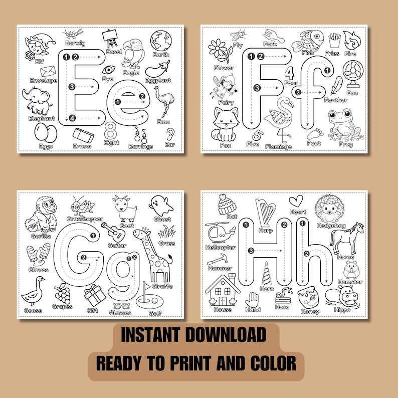 May include: Black and white printable alphabet tracing worksheets for kids. Each letter of the alphabet is shown with a dotted line for tracing and a list of words that start with that letter.  The words are illustrated with simple drawings.