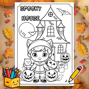 May include: A black and white coloring page featuring a spooky house, a child dressed as a cat holding pumpkins, and two cats. The text "SPOOKY HOUSE" is at the top of the page.