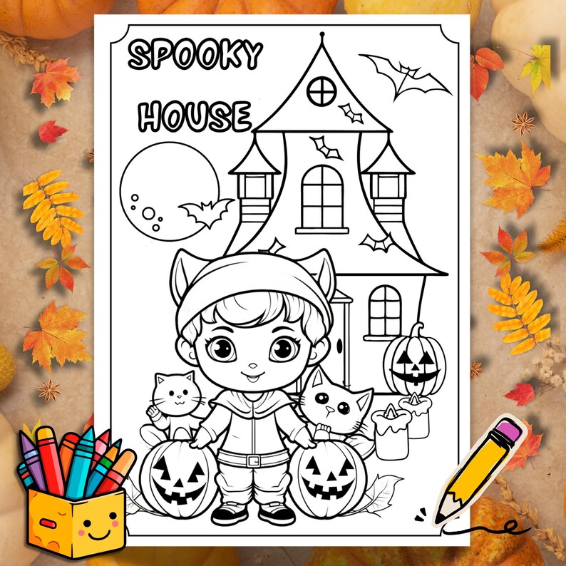 May include: A black and white coloring page featuring a spooky house, a child dressed as a cat holding pumpkins, and two cats. The text "SPOOKY HOUSE" is at the top of the page.