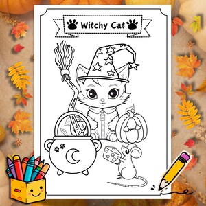 May include: A black and white coloring page featuring a witchy cat wearing a pointed hat with stars, holding a broom and a pumpkin. The cat is sitting next to a cauldron with a crescent moon on it. A small mouse is holding a piece of cheese and is standing next to the cauldron. The page has the text "Witchy Cat" at the top.