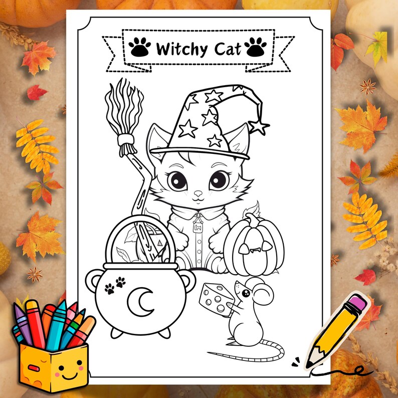 May include: A black and white coloring page featuring a witchy cat wearing a pointed hat with stars, holding a broom and a pumpkin. The cat is sitting next to a cauldron with a crescent moon on it. A small mouse is holding a piece of cheese and is standing next to the cauldron. The page has the text "Witchy Cat" at the top.
