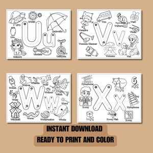 May include: Black and white printable alphabet tracing worksheets for kids. Each letter of the alphabet is surrounded by illustrations of objects that start with that letter.  The letters are outlined with dotted lines for tracing.