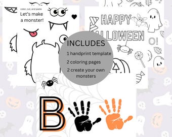 Halloween Craft Bundle. Handprint art. Halloween coloring page. October craft.