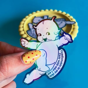 Cozy with who I am- Holographic Kewpie Vinyl Sticker
