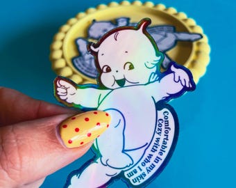 Cozy with who I am- Holographic Kewpie Vinyl Sticker