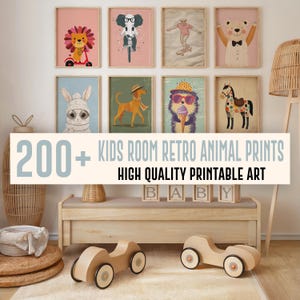 200+ Kids Room Retro Animals Wall Art Bundle, Nursery Wall Art Decor, Print Bundle, Playroom Decor, Nursery Wall Art Set, Nursery Printable