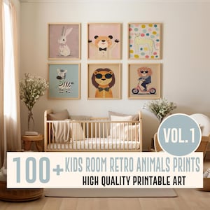 100+ Kids Room Retro Animals Wall Art Bundle, Nursery Wall Art Decor, Print Bundle, Playroom Decor, Nursery Wall Art Set, Nursery Printable