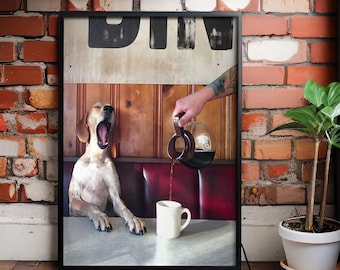 Stampa divertente con cane e caffè: arte murale su tela da cucina vintage