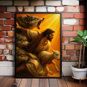 Jesus schützt das Lamm vor Wölfen, göttlicher Schutz Leinwanddruck - Spirituelle Wandkunst - Christliche Symbolik - Religiöses Dekor für den Glauben