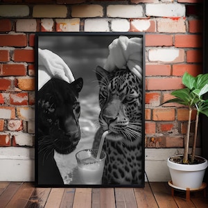 Black And White - Cheetah and Jaguar Drinking Cocktail Print - Wall Art -  Vintage Photography - Fashion Print - Bar Cart Decor