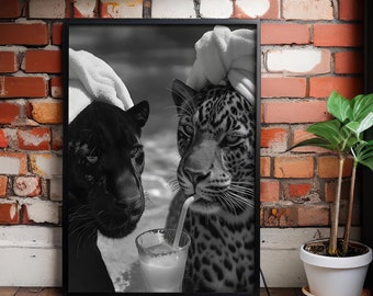 Cheetah & Jaguar Cocktail Print: Black and White Vintage Wall Art