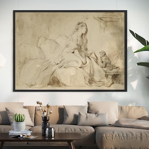 A Woman and Her Faithful Dog, French Sepia Etching, European Vintage Print, French Wall Art, Vintage Sketch Print, Dog Art, Vintage Art