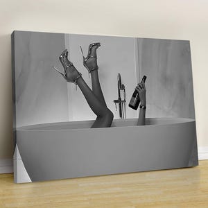 tFeminist Poster,High Heels Woman Drinking Wine In Bathtub Print,Bathroom Wall Art, Teen Girls Bathroom Decor, Bathtub Art,Black and White,