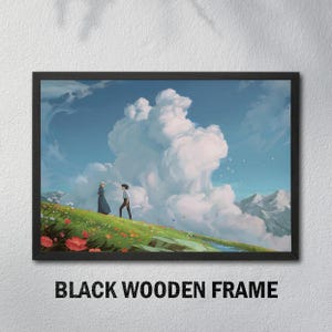 Puede incluir: Una impresi&oacute;n art&iacute;stica enmarcada que presenta un paisaje con dos figuras en una colina cubierta de hierba, con un tel&oacute;n de fondo de nubes esponjosas y un cielo azul. La obra de arte est&aacute; encerrada en un marco de madera negro, con el texto "BLACK WOODEN FRAME" en la parte inferior.