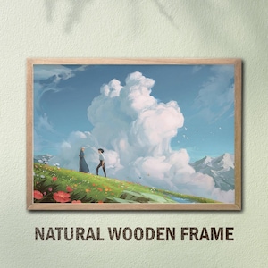 Puede incluir: Una impresi&oacute;n art&iacute;stica enmarcada que presenta un paisaje con dos figuras en una colina cubierta de hierba, bajo una gran nube. La obra de arte est&aacute; ambientada contra un cielo azul con monta&ntilde;as al fondo. El marco es de madera natural, con el texto "NATURAL WOODEN FRAME" en la parte inferior.