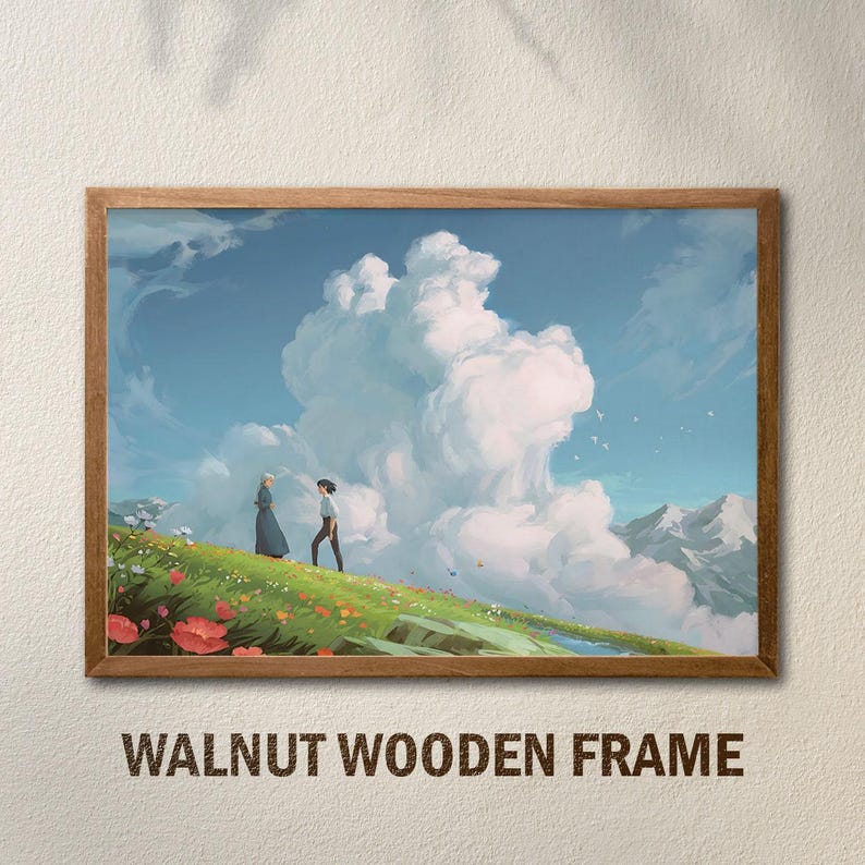 Puede incluir: Una impresi&oacute;n enmarcada que presenta una escena de paisaje con dos figuras en una colina cubierta de hierba, bajo un cielo nublado. La impresi&oacute;n est&aacute; en un marco de madera de nogal. El texto "WALNUT WOODEN FRAME" est&aacute; en la parte inferior del marco.