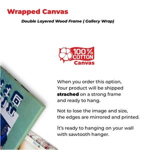 Puede incluir: Una impresi&oacute;n en lienzo envuelta con un marco de madera de doble capa. La imagen incluye el texto "Wrapped Canvas" y "100% Cotton Canvas". El producto est&aacute; estirado sobre un marco resistente y listo para colgar.