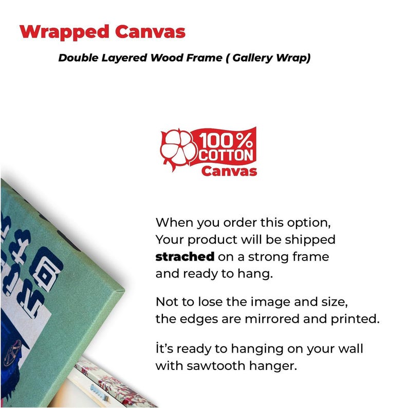 Puede incluir: Una impresi&oacute;n en lienzo envuelta con un marco de madera de doble capa. La imagen incluye el texto "Wrapped Canvas" y "100% Cotton Canvas". El producto est&aacute; estirado sobre un marco resistente y listo para colgar.