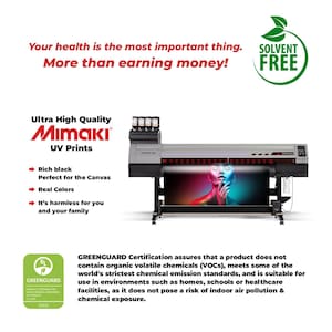 Puede incluir: Una gran impresora UV Mimaki plateada y negra con una imagen colorida en exhibici&oacute;n. La imagen incluye texto: "Tu salud es lo m&aacute;s importante. &iexcl;M&aacute;s que ganar dinero!" y "Sin disolventes". La impresora es adecuada para hogares, escuelas y centros de salud.