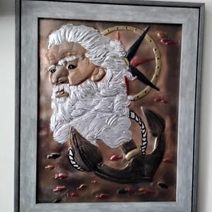 Hand copper embossed Poseidon. 11x14 Copper embossing with tabletop and wall mounting options in a two tone gray frame.