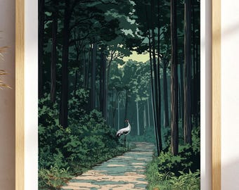 Japanese Crane Art in a Forest - Japanese Garden Art & Crane Wall Art