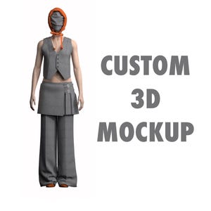 Può includere: Un mockup 3D di un outfit grigio con un gilet, una gonna e pantaloni. L'outfit è stilizzato con un top con cappuccio arancione brillante. Il testo "CUSTOM 3D MOCKUP" è visualizzato sullo sfondo.