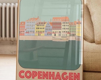 Reisposter Kopenhagen: vintage Denemarken-print, retro Kopenhagen-muurkunst (digitale download)