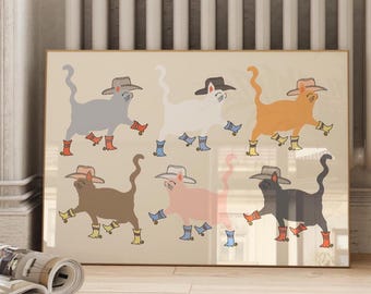 Lámina artística de gatos vaqueros: Ilustración retro de gato del oeste (descarga digital)