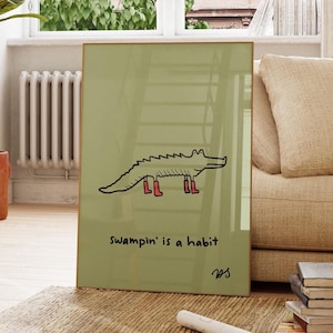 Alligator Print, Swamp Life, Cute Alligator Print, Alligator Cartoon Drawing, Silly Cartoon Artwork, Alligator Art, Everglades Animal Print