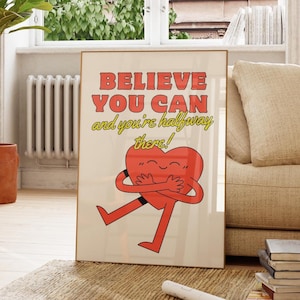 Believe You Can Wall Art Print, Inspirational Wall Art, Apartment Decor Cute, Red Decor, Heart Print Poster, Cute Poster Bedroom, Kids Room