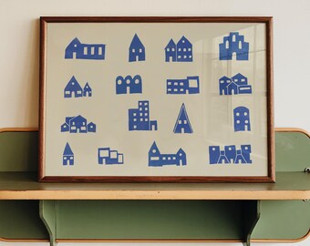 Japandi Wand Kunst Druck, Skandinavisches Minimalistisches Blaues Haus Kunstwerk, Nordische Architektur Poster, Moderne Neutrale Dekoration, Digitaler Download