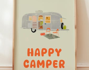 Airstream camper print, retro camping kunst, decor outdoor sfeer, Happy Camper Travel decor, handgetekende poster, oranje accent muur decor