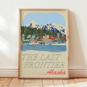 Alaska Hand Drawn Art, The Last Frontier Poster, Hand Drawn Landscape, Vintage Alaska Travel Poster, Retro Wilderness Wall Art, Alaska Art